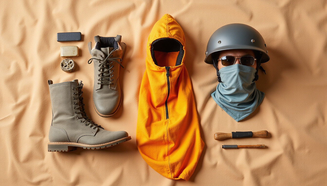 Flat-lay essentials: sand-proof boots, heat-reflective helmet, cooling neck gaiter, survival tools on dunes