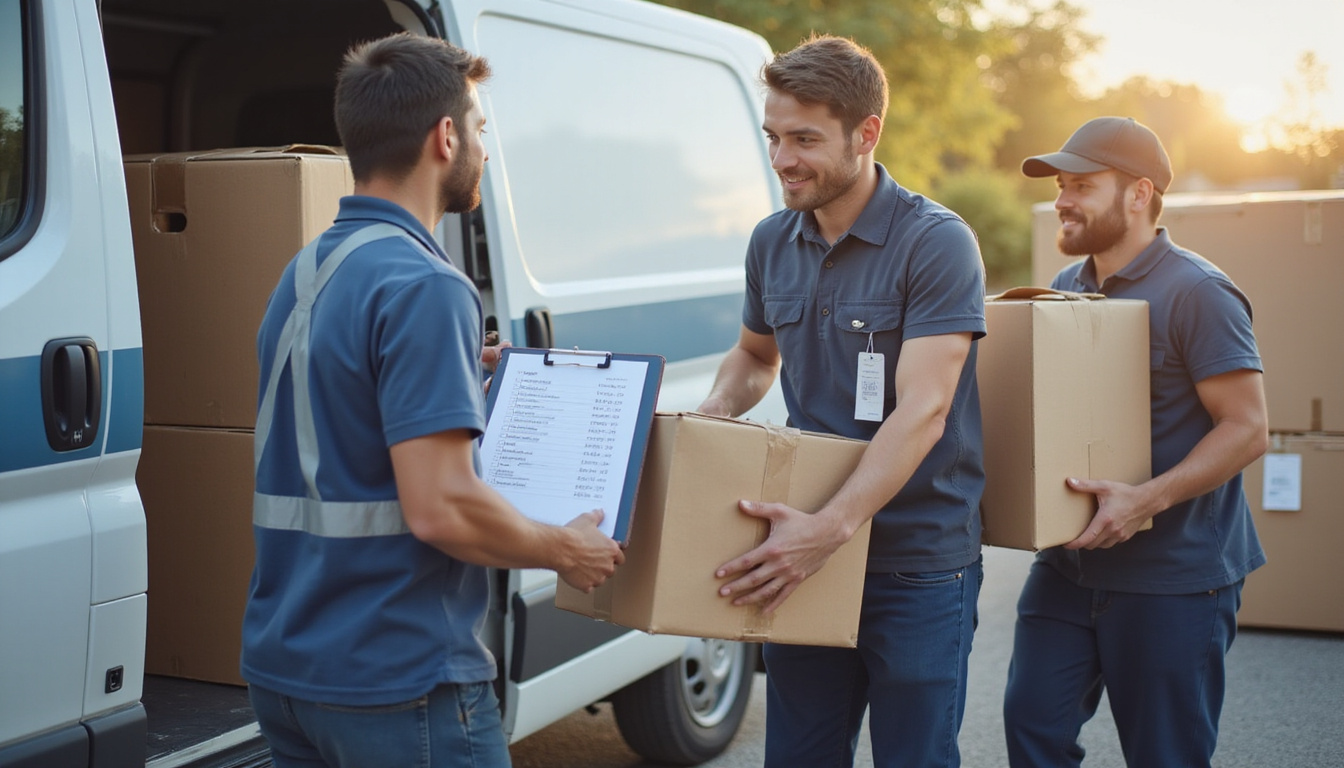 Checklist clipboard, affordable price tags, handshake between client and reliable moving team, warm light
