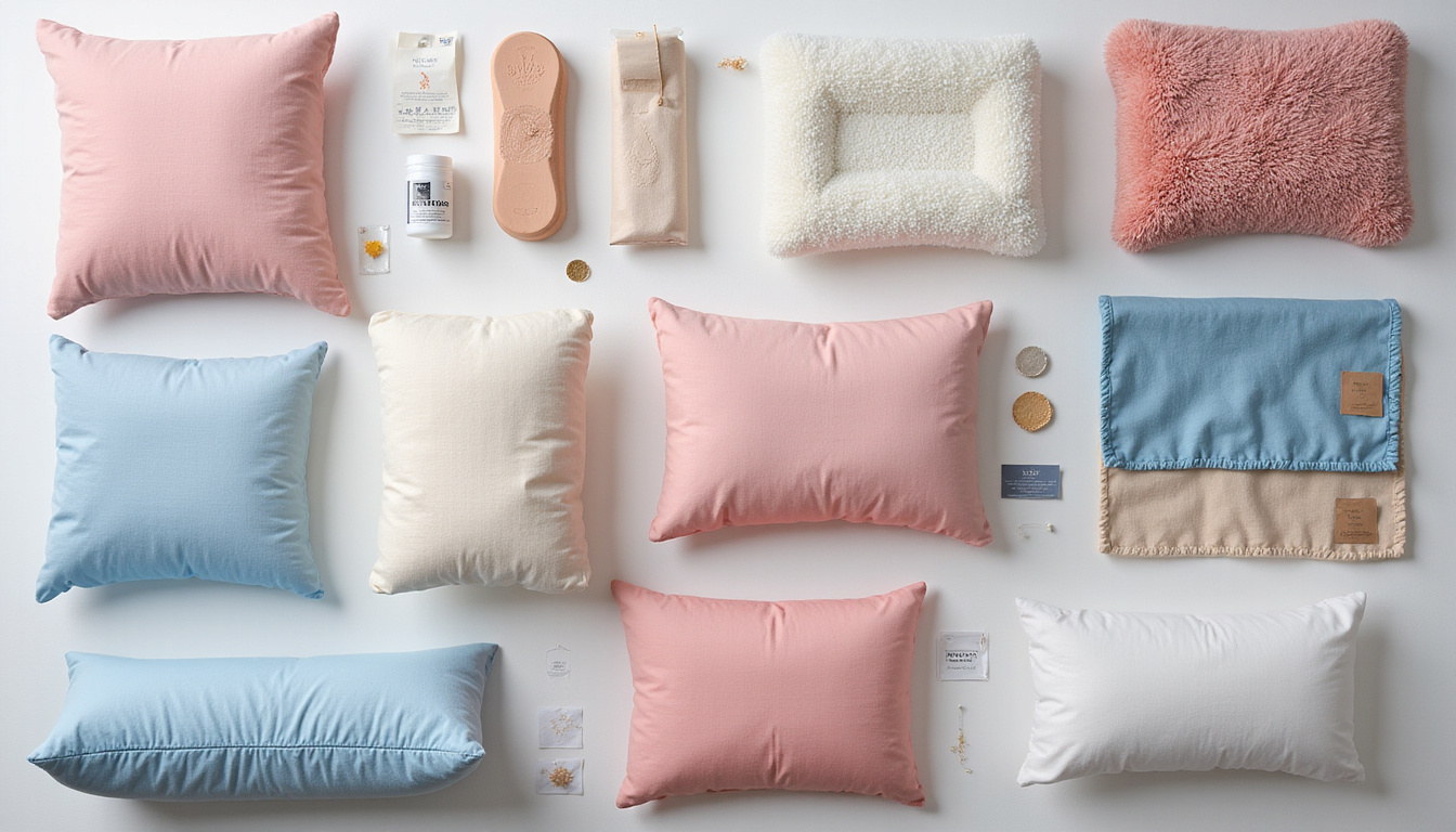 Top-down product layout of various sciatica pillows, labels, materials, firmness icons, minimalist flatlay