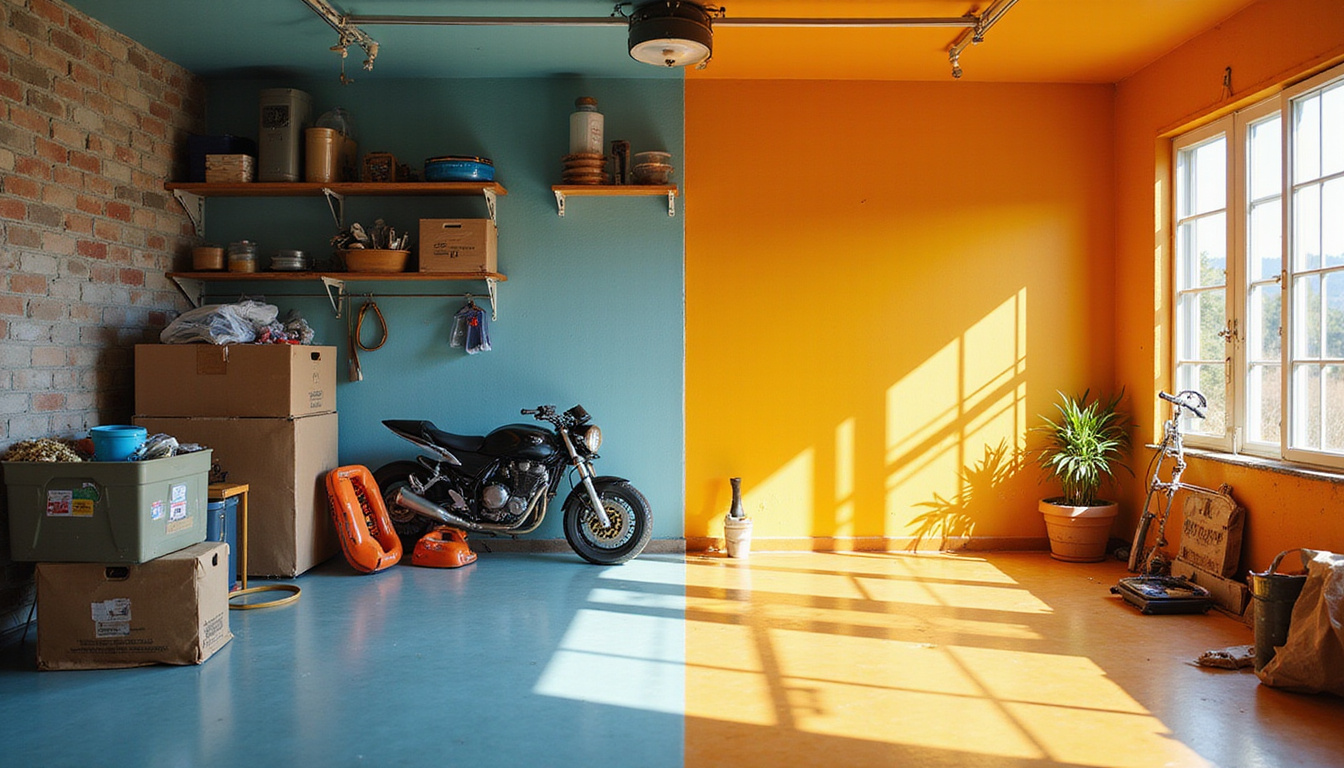  Before-and-after split: cluttered garage to spotless organized room, warm golden California light