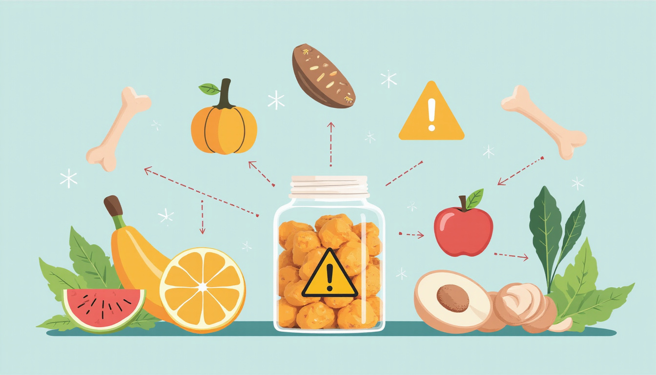  Infographic-style composition: foods, supplement bottle, bone, mood icons, deficiency warning symbols, clean vector