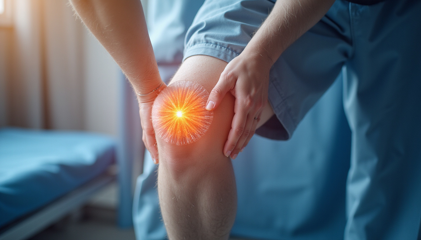  Relieved patient touching knee, transparent overlay of regenerative cells repairing cartilage