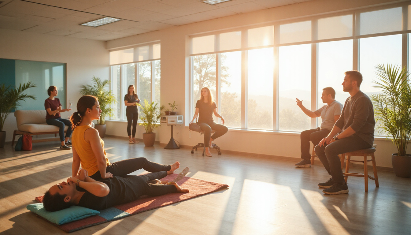  Sunlit clinic, diverse patients performing proven exercises, futuristic data streams illustrating recovery progress