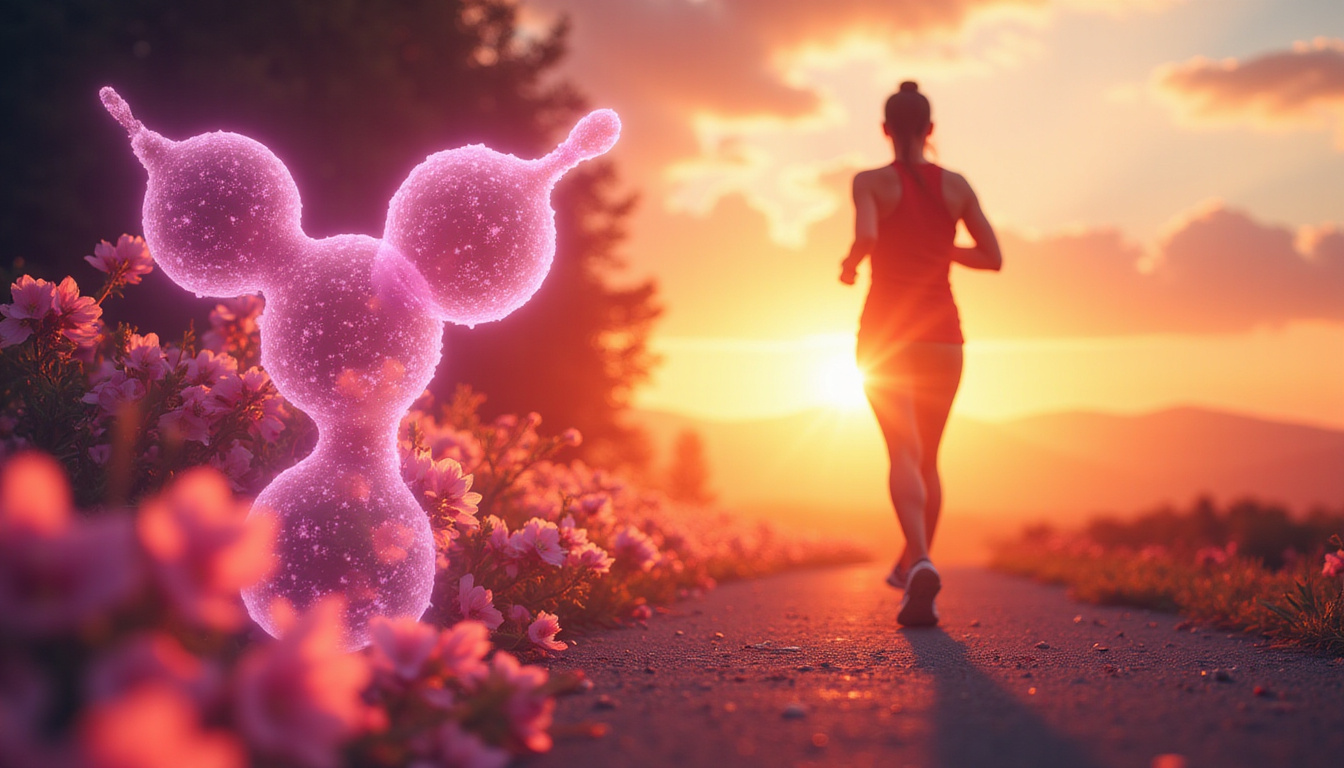  Scientific wellness concept: glowing estrogen molecule overlay, blooming flowers, energized silhouette jogging at sunrise