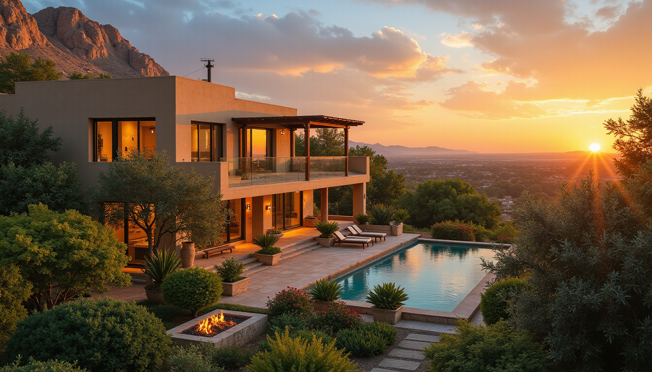 Exterior Nile-view villa with for-sale sign, lush gardens, sunset, aerial drone perspective, vibrant colors