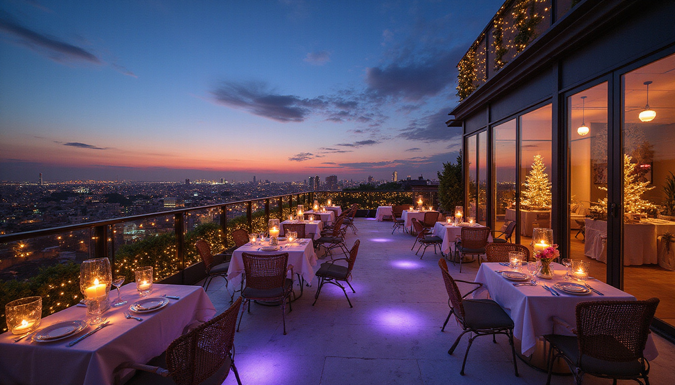 Luxurious Cairo rooftop wedding, twinkling lights, modern glass venue, historic skyline, elegant decor