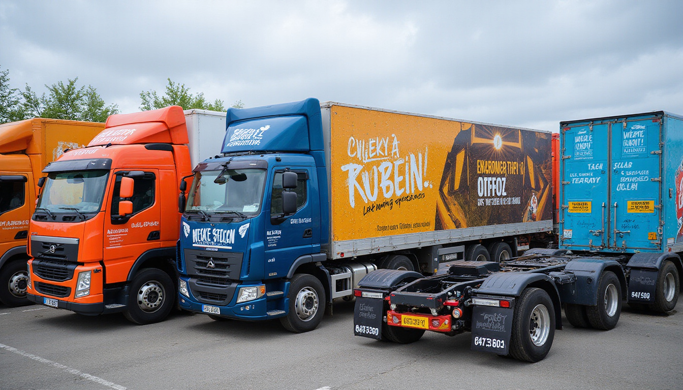 Variety of trucks parked, close-up liveries with bold typography, dynamic patterns, QR codes