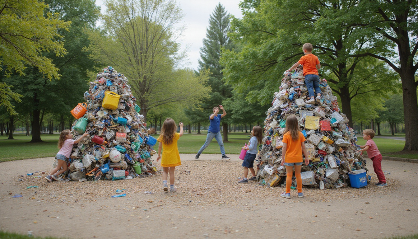  Cinematic before-and-after park cleanup, trash to recycled-sculpture playground, children cheering, vibrant palette