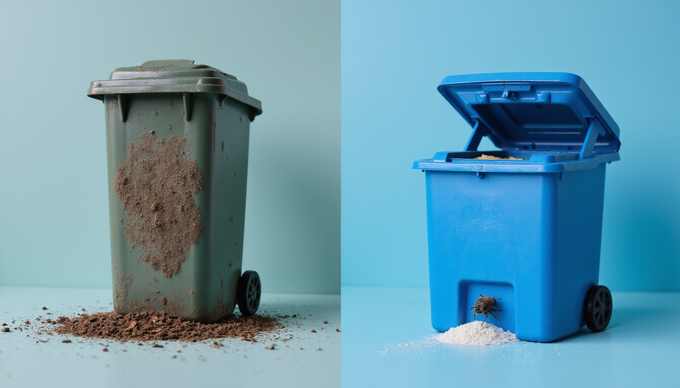  Before-and-after split image: grimy pest-infested bin transforms to sparkling, sanitized, pest-free blue bin