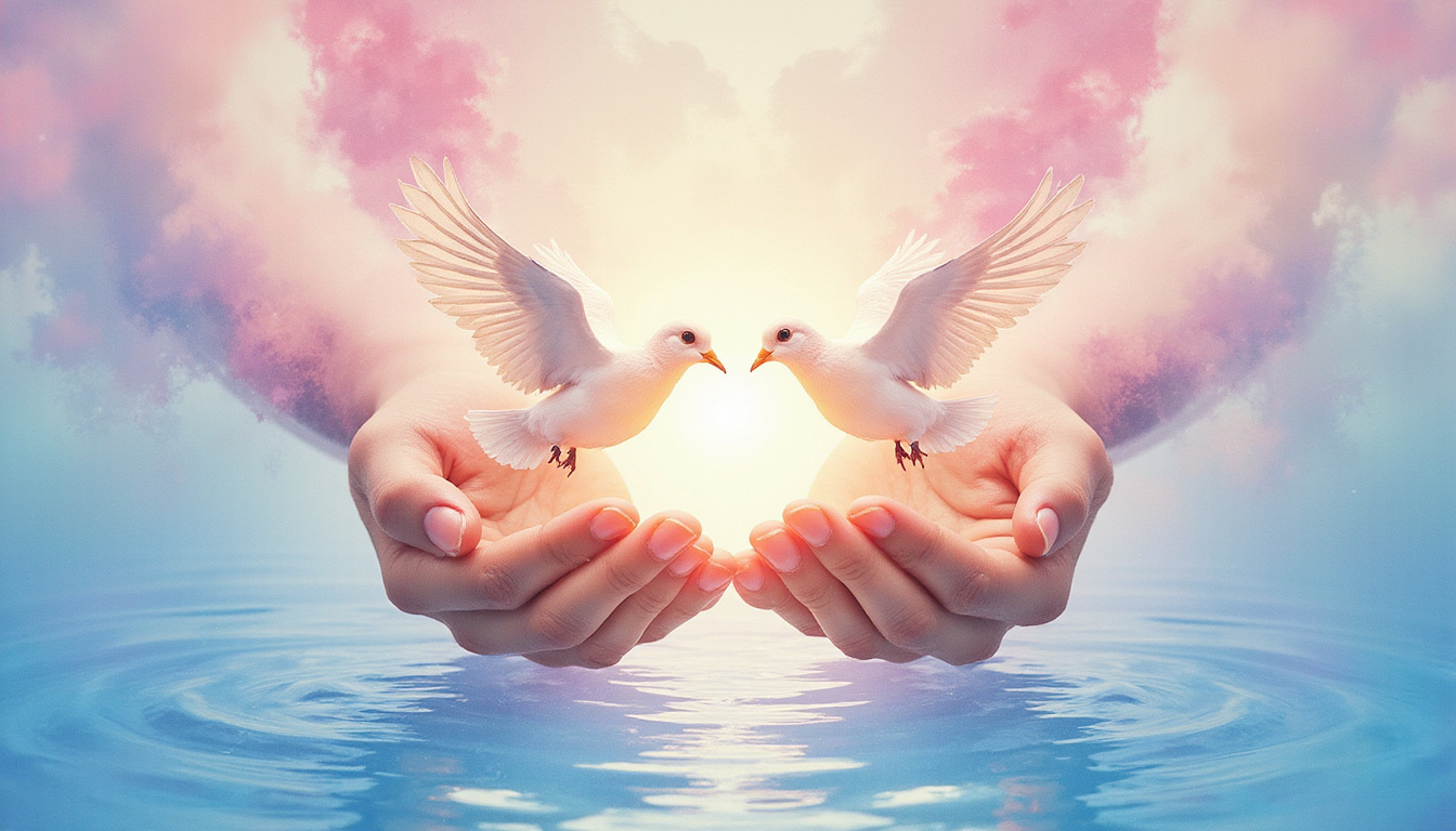  Soft pastel watercolor scene, hands releasing glowing doves, rippling water, inner peace awakened