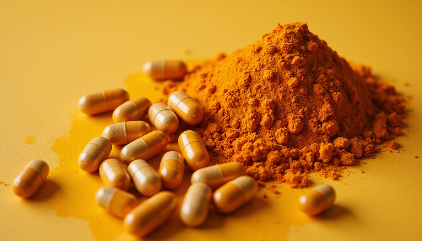  Close-up turmeric root and curcumin capsules forming protective halo around athlete