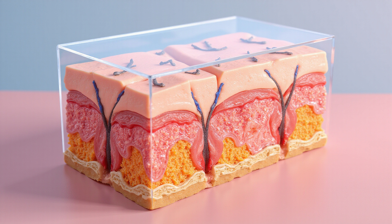  Medical illustration cross-section showing skin regeneration under translucent amniotic membrane, cellular healing visualization
