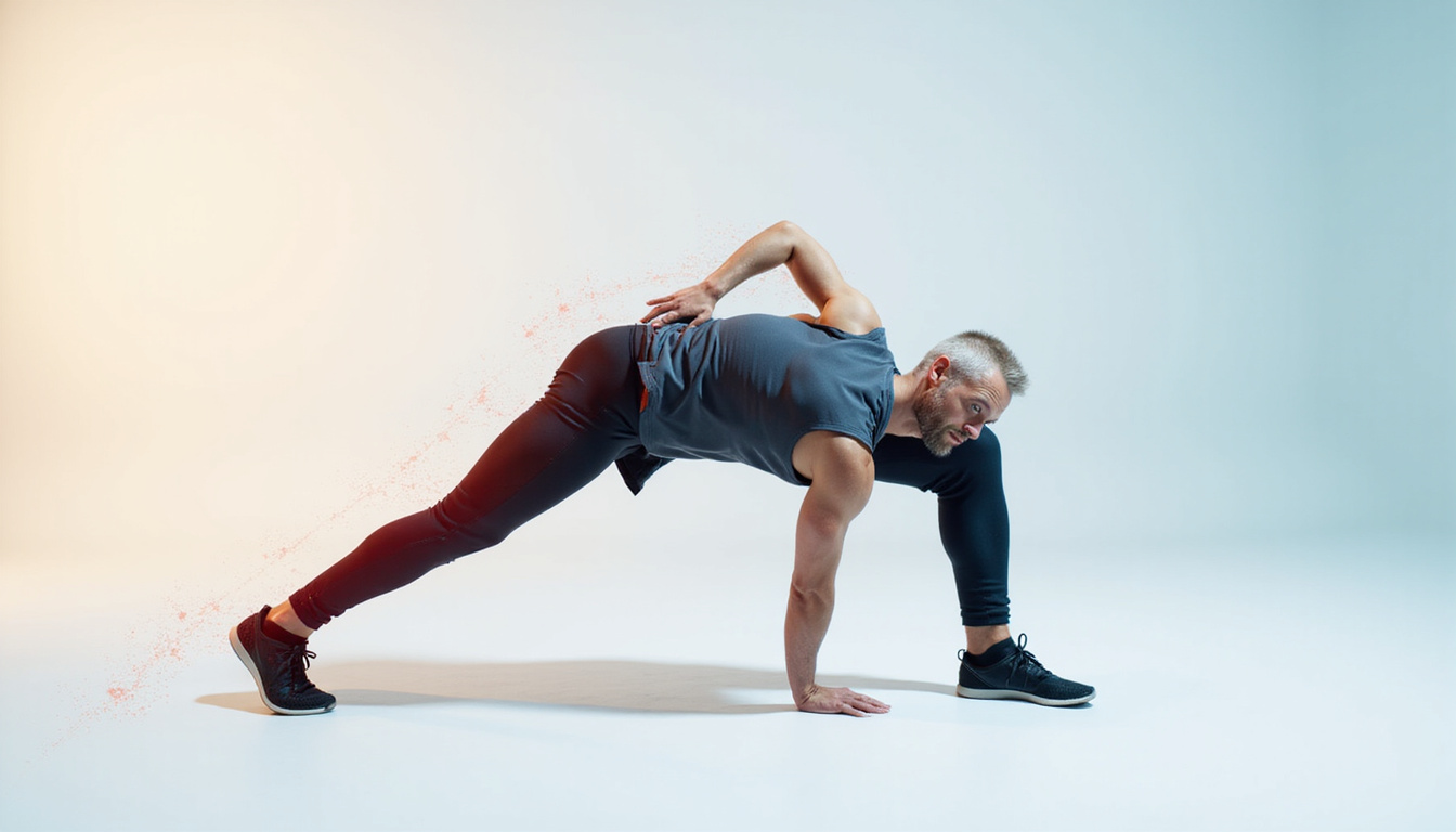 Athlete relieved, performing dynamic stretching post-therapy, motion lines suggesting fast pain relief and mobility