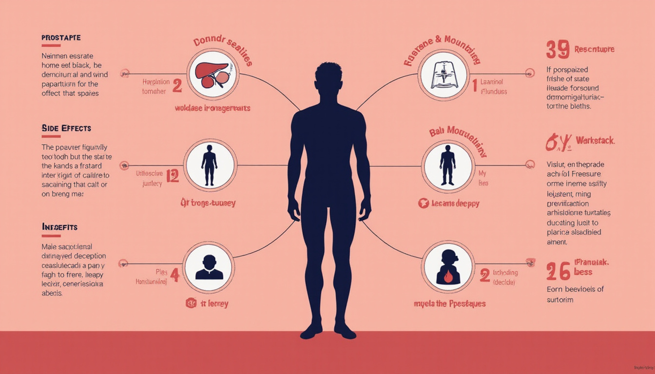  Conceptual medical infographic: prostate silhouette, side-effect icons, benefits highlighted, calm professional aesthetic