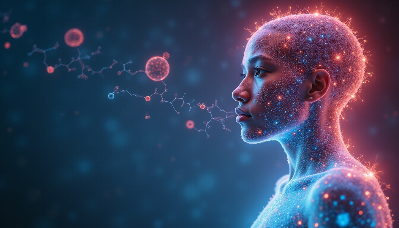  Surreal portrait of a person with strands transforming into chemical diagrams, hormones visualized as light