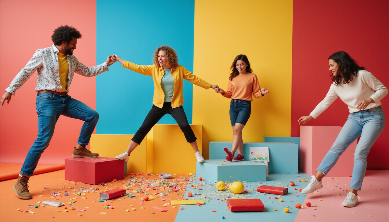 Creative studio montage: playful performers designing clickable ads, rising sales charts, bold typography