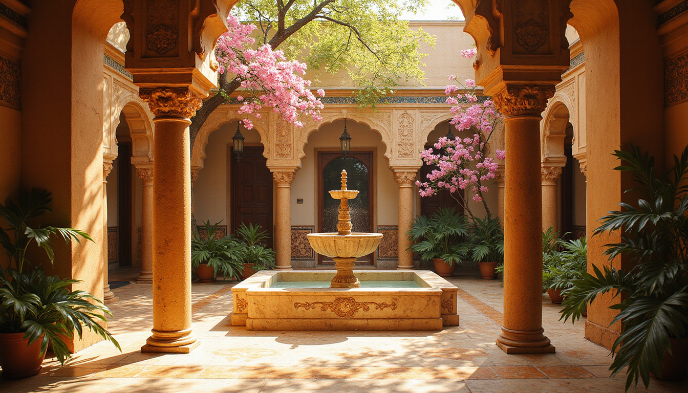 Hidden luxury inner courtyard with jasmine, marble fountain, golden light, ornate Egyptian tilework and silk drapes