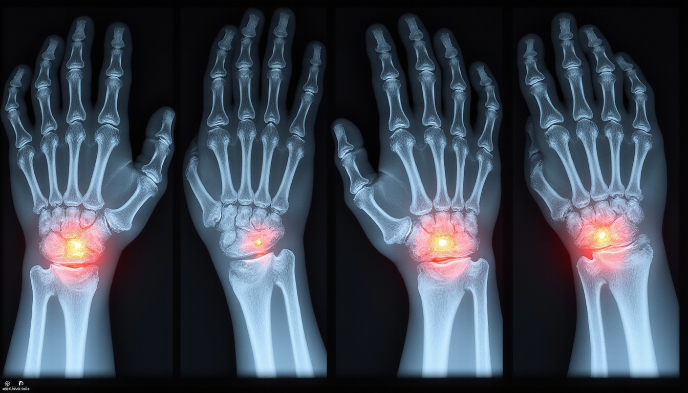  Comparative x ray series highlighting early joint space loss, annotations, treatment icons brace injection surgery