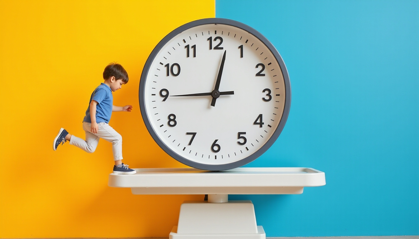 Person stepping on scale next to clock, calendar fasting window, relaxed confident pose