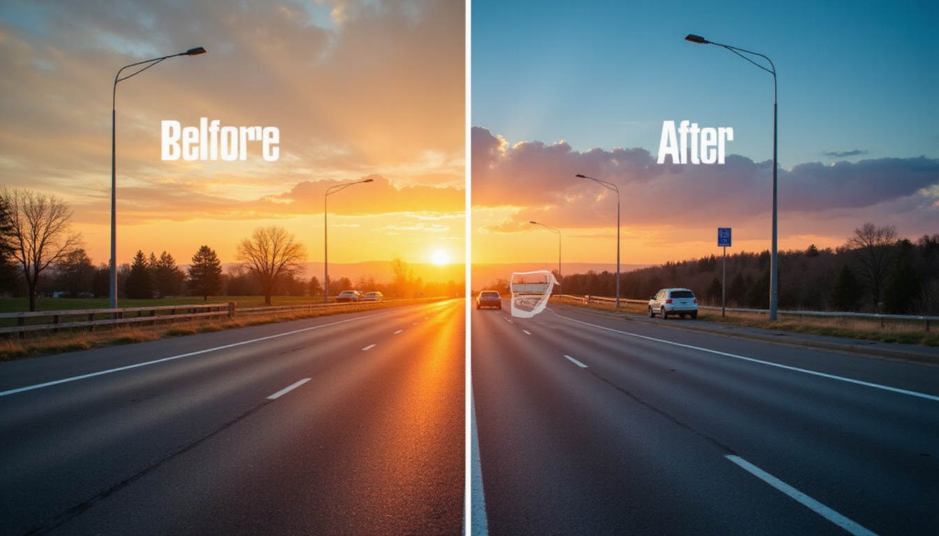 Before-and-after road scene: unstable steering vs smooth control, safety icons, sunset highway