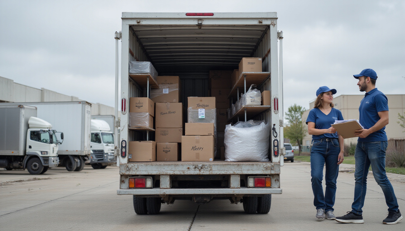  Open moving truck, organized labeled shelves, budget calculator, calm couple planning route