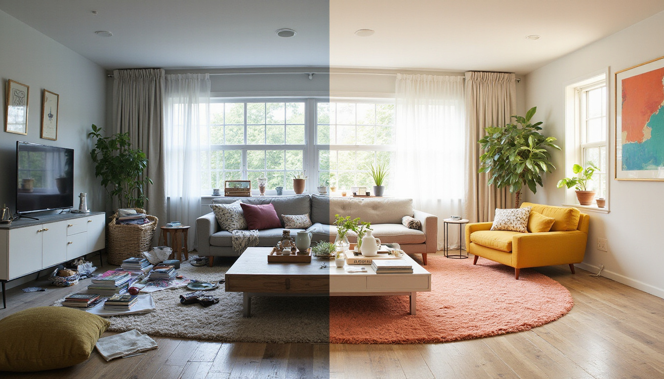  Before-and-after living room split image: cluttered chaos to serene minimalist space, labeled sorting tips