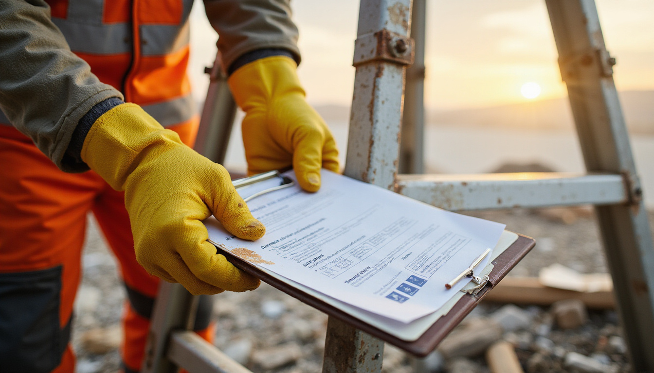  Safety-focused scene: gloved hands removing debris, secured ladder, clear instructions clipboard, bright morning