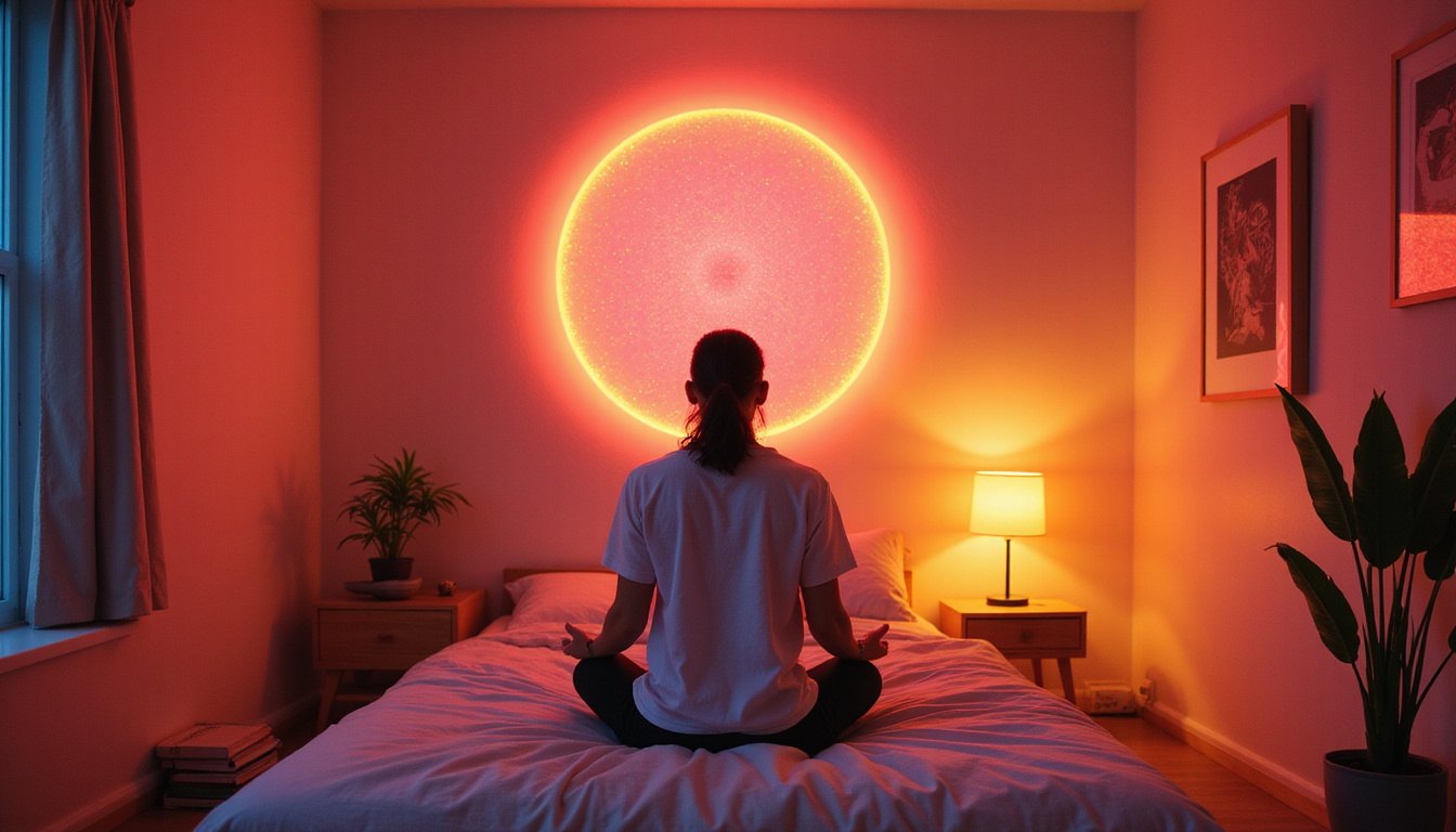 Minimalist cozy room, person practicing guided daily habit, brainwave glow, science-backed icons
