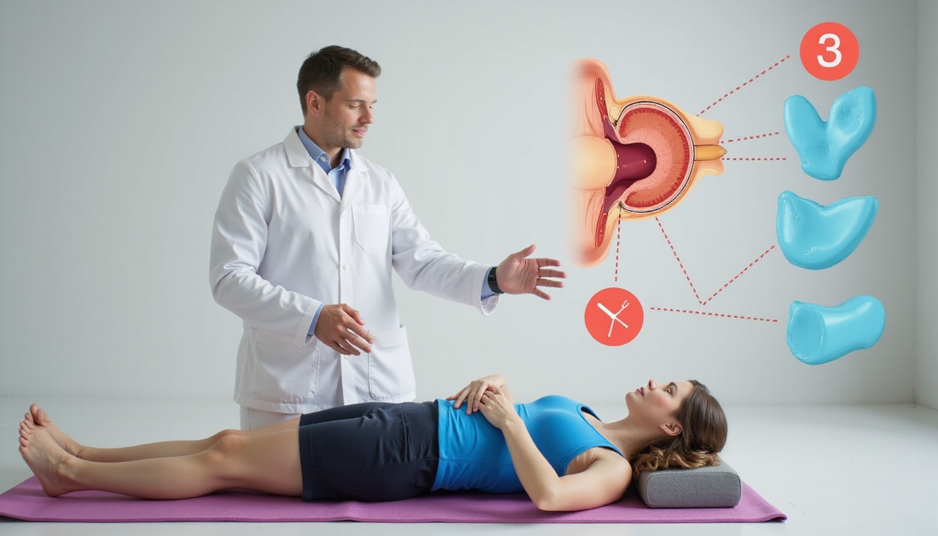  Therapist demonstrating balance exercise on foam pad with stopwatch, infographic overlay of inner ear