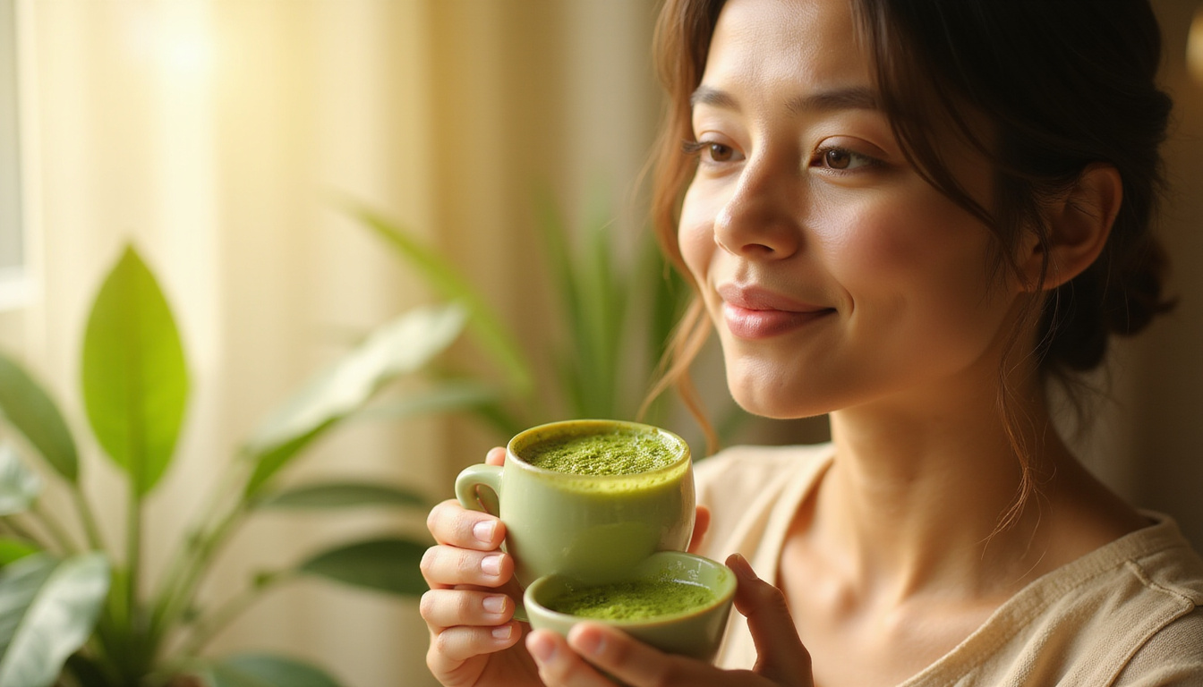 Radiant woman with glowing flawless skin, cups of matcha, soft morning sunlight, energized