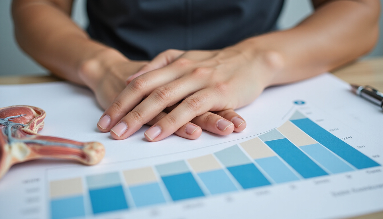 Close-up of hands applying manual therapy, anatomical models and progress chart showing rapid recovery
