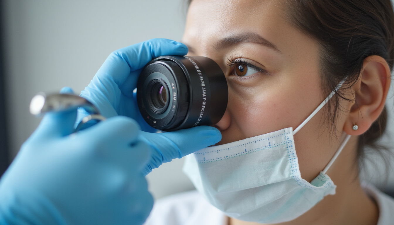  Dermatologist performing phototrichogram, macro lens, grid calibration marks, stopwatch visible