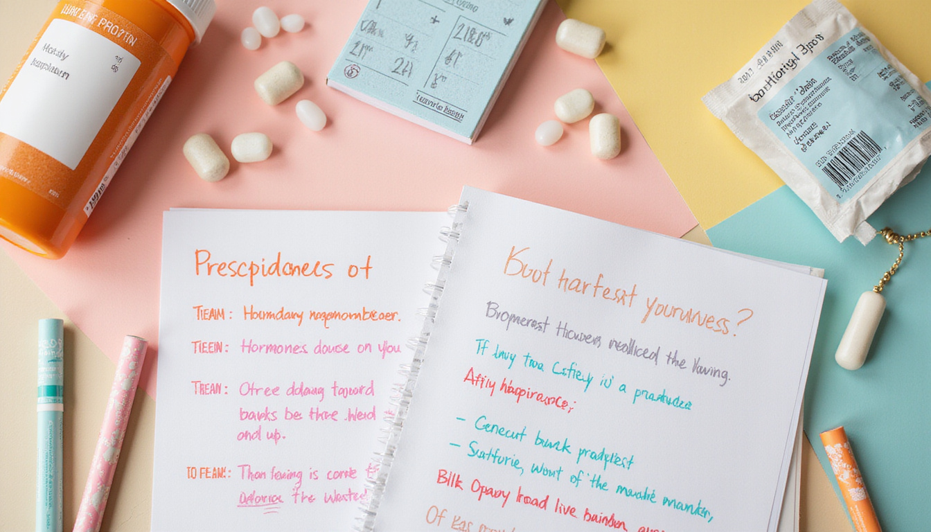  Informative flatlay: hormone prescriptions, calendar tracking progress, supportive notes, pastel medical guide aesthetic