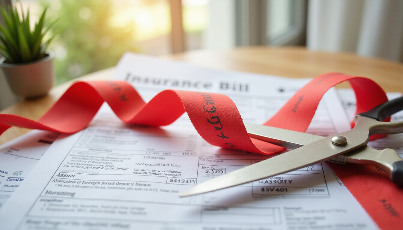 Scissors cutting red tape and oversized insurance bill, peaceful energy-efficient home background