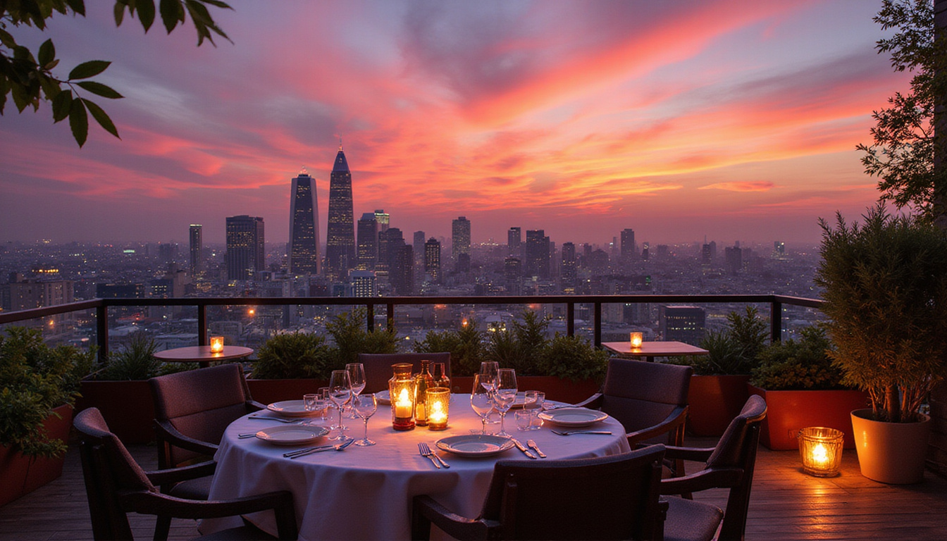 Rooftop dining terrace overlooking Cairo skyline at sunset, elegant table setting, glowing lanterns