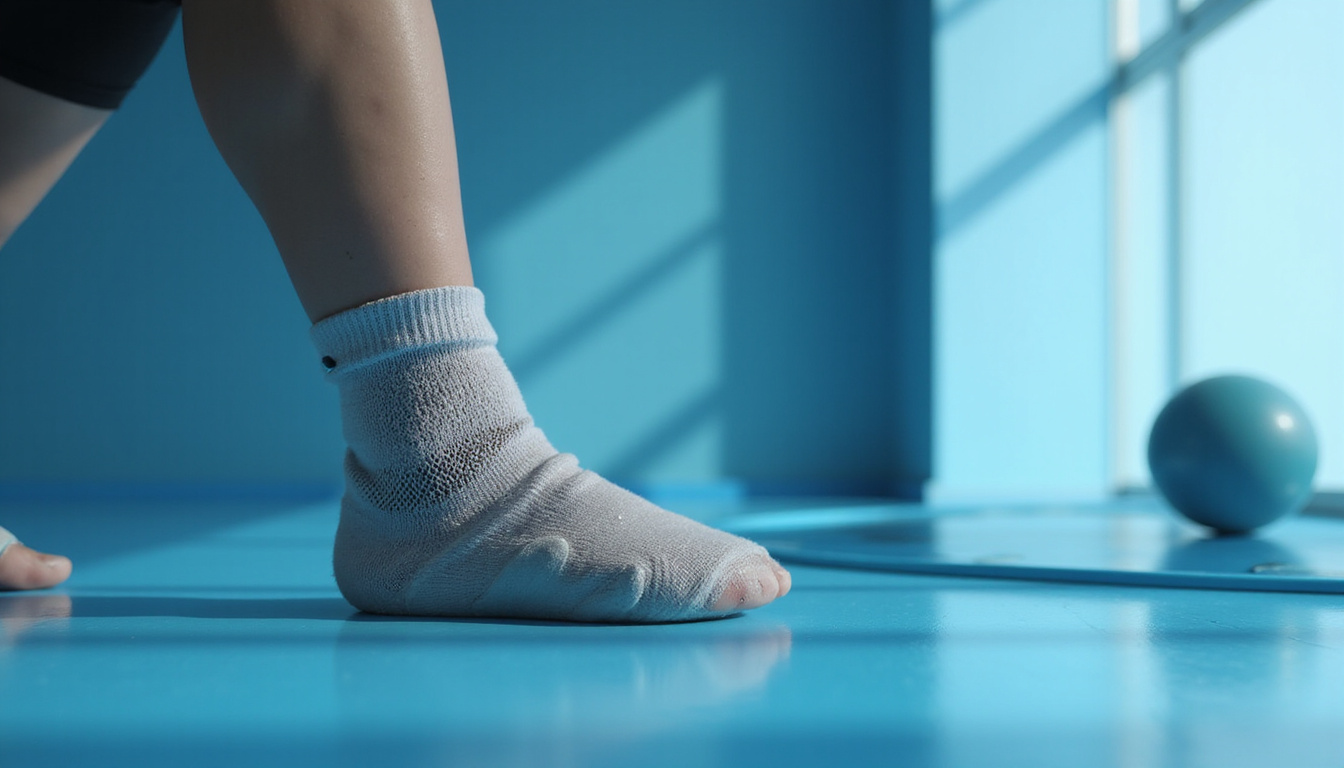 Cutaway of ankle with honeycomb shock-absorbing pad, athlete stretching, calming blue tones, infographic overlay