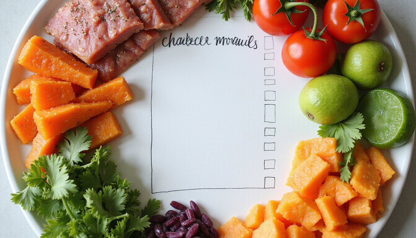  Minimalist meal-prep scene: colorful protein and vegetables, handwritten habit checklist, morning light