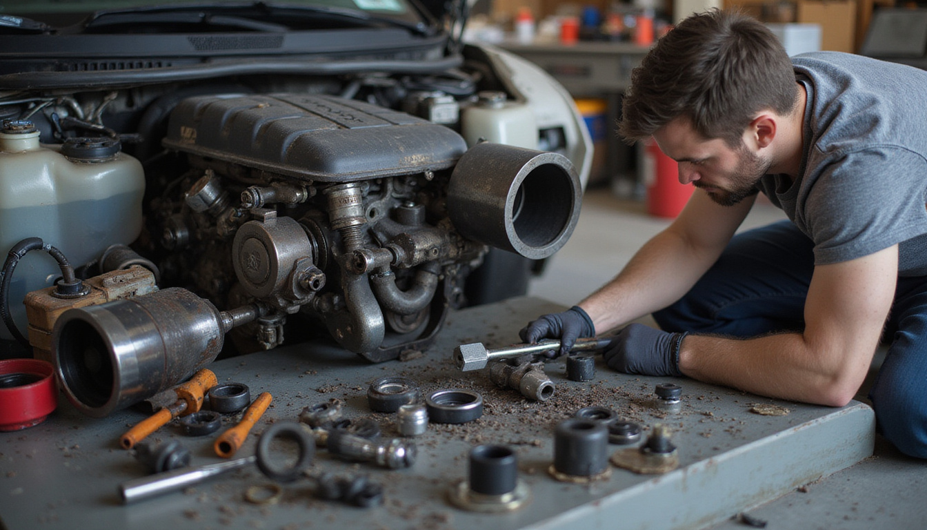  DIY garage scene: homeowner replacing engine mount with socket wrench, exploded parts, cost estimate note