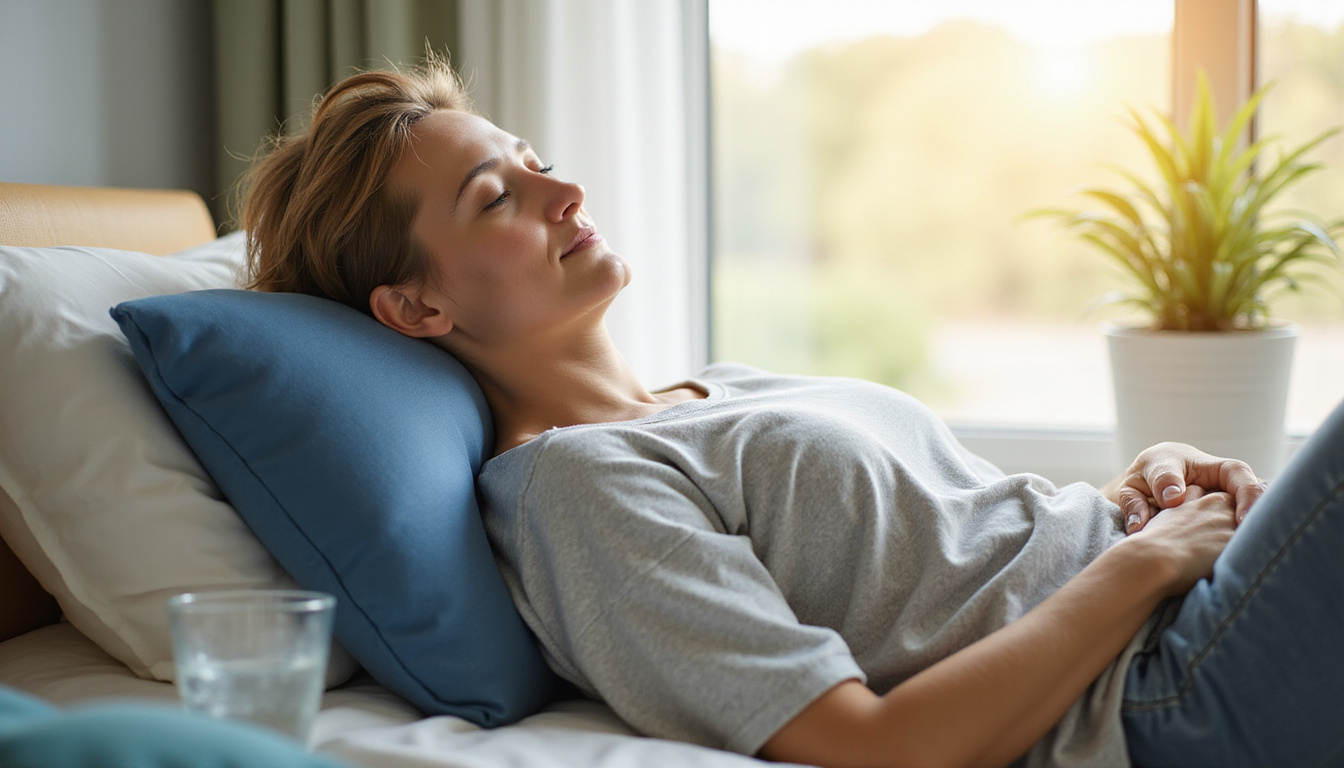 Recovery scene: patient resting at home with lumbar support pillow, glass of water, gentle sunlight