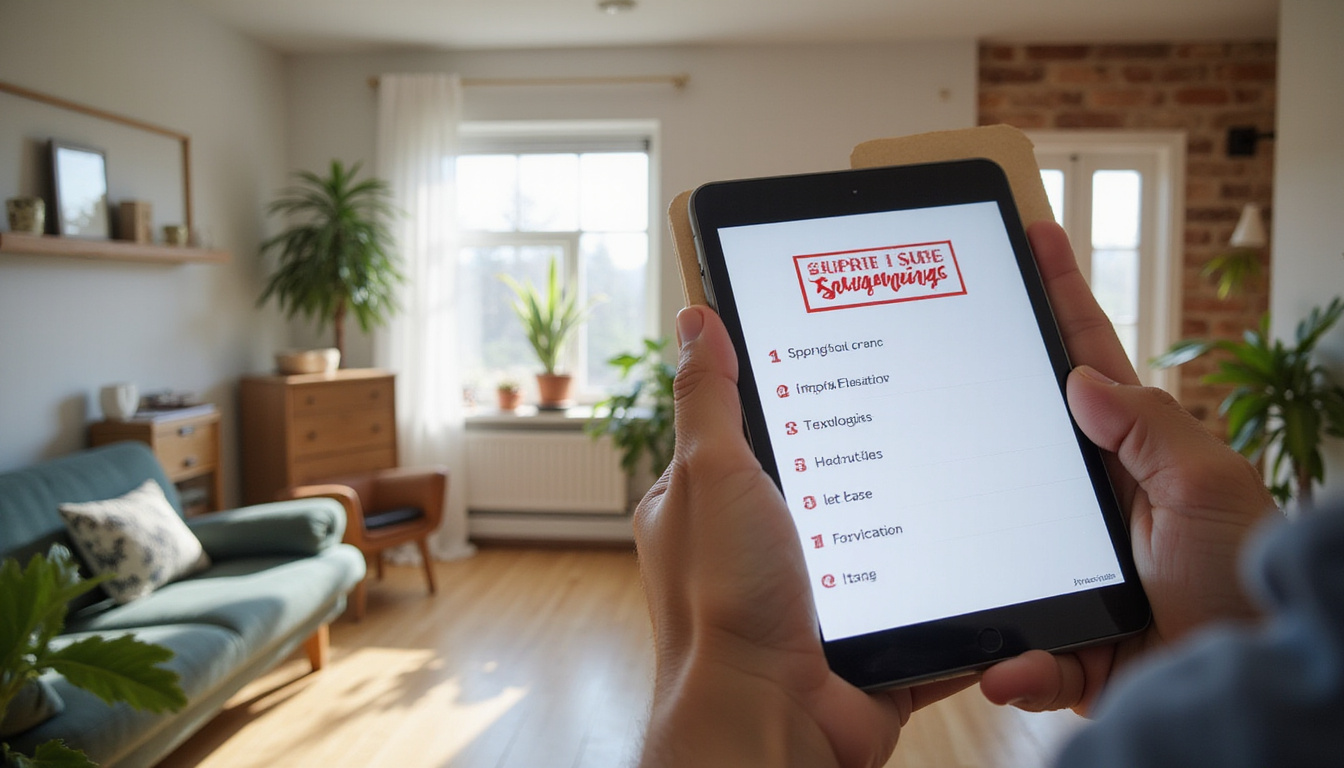  Homeowner showing tablet with cost-saving checklist while Junk Guys crew sorts donations, bright daylight