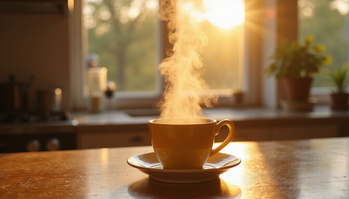  Morning tea ritual in sunlit kitchen, steam rising into delicate luminous mandala of awareness