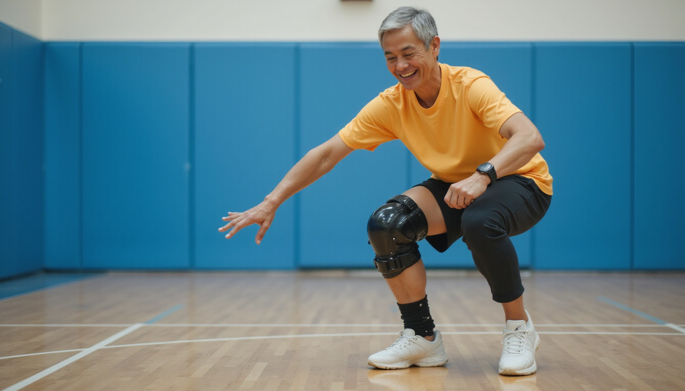  Senior player with knee brace executing balance drill, smiling, vivid court, pain relief focus