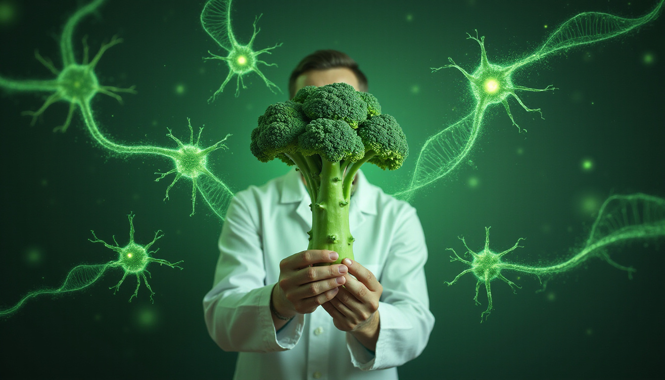  Serene scientist holding broccoli, DNA helix and neurons entwined with green energy aura