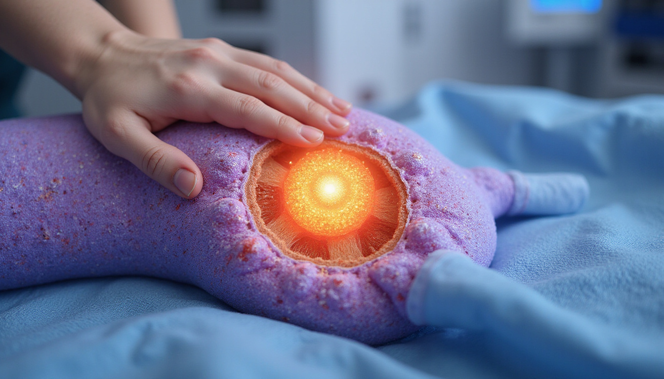 Cutaway medical illustration of ultrasound therapy, micro-massage at cellular level, vivid colors, high-detail, clinical realism