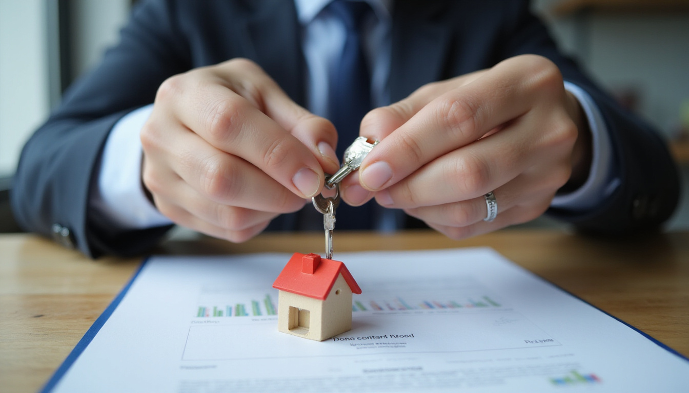  Close-up of hands exchanging house keys over contract, modern duplex blurred background, serious tone