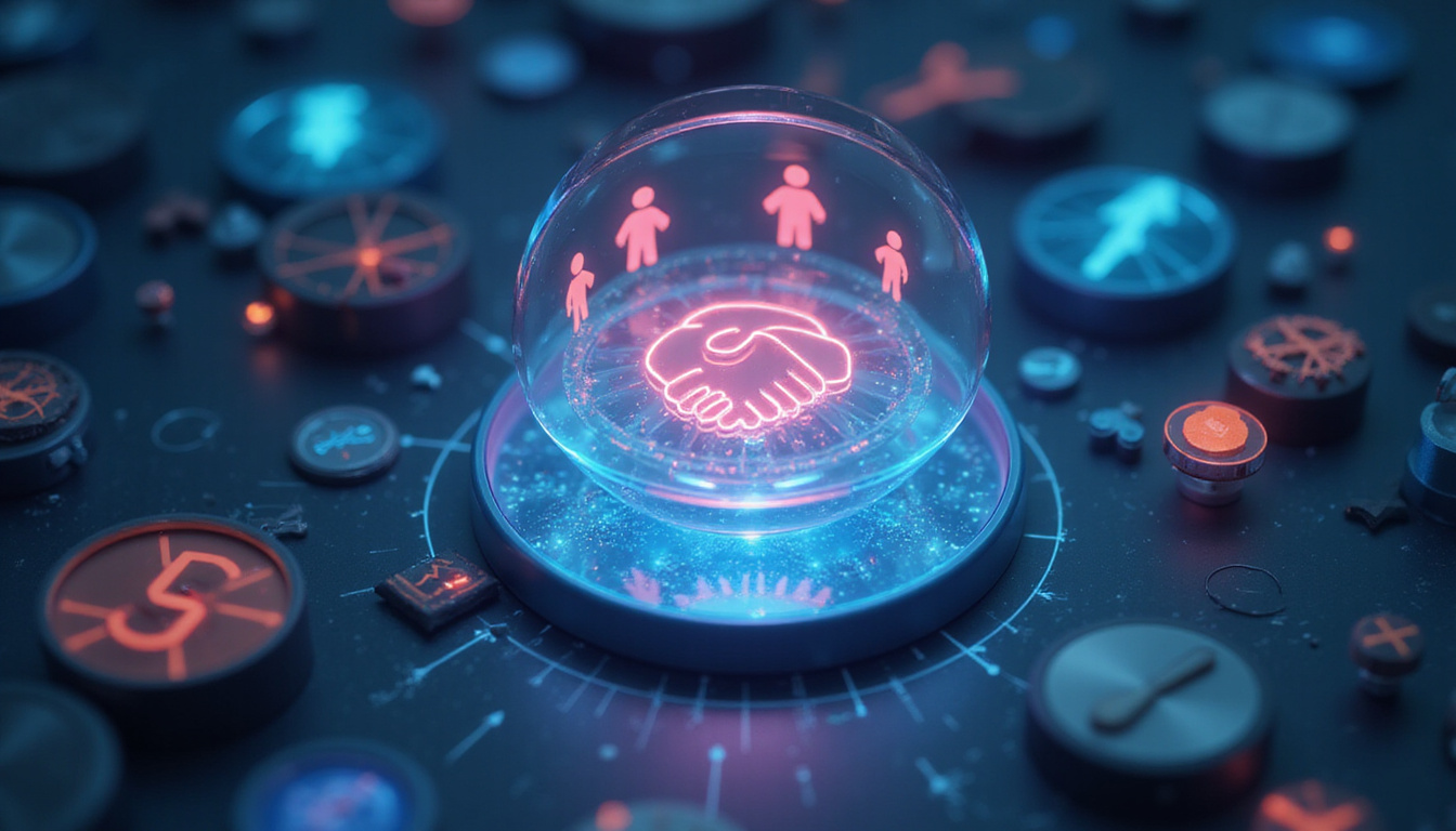  Magnifying glass revealing transparent AI decision layers, human handshake, trust symbols and upward arrows