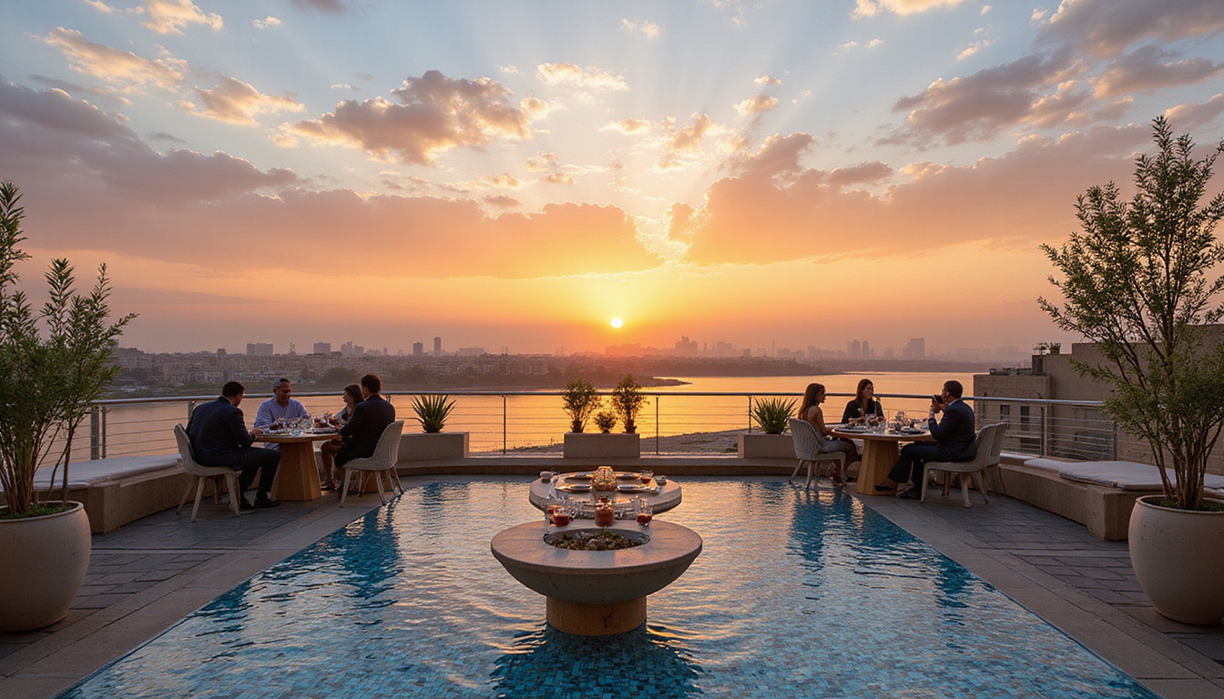  Rooftop terrace overlooking Nile at sunset, sculptural installations, mosaic tiles, guests sipping tea