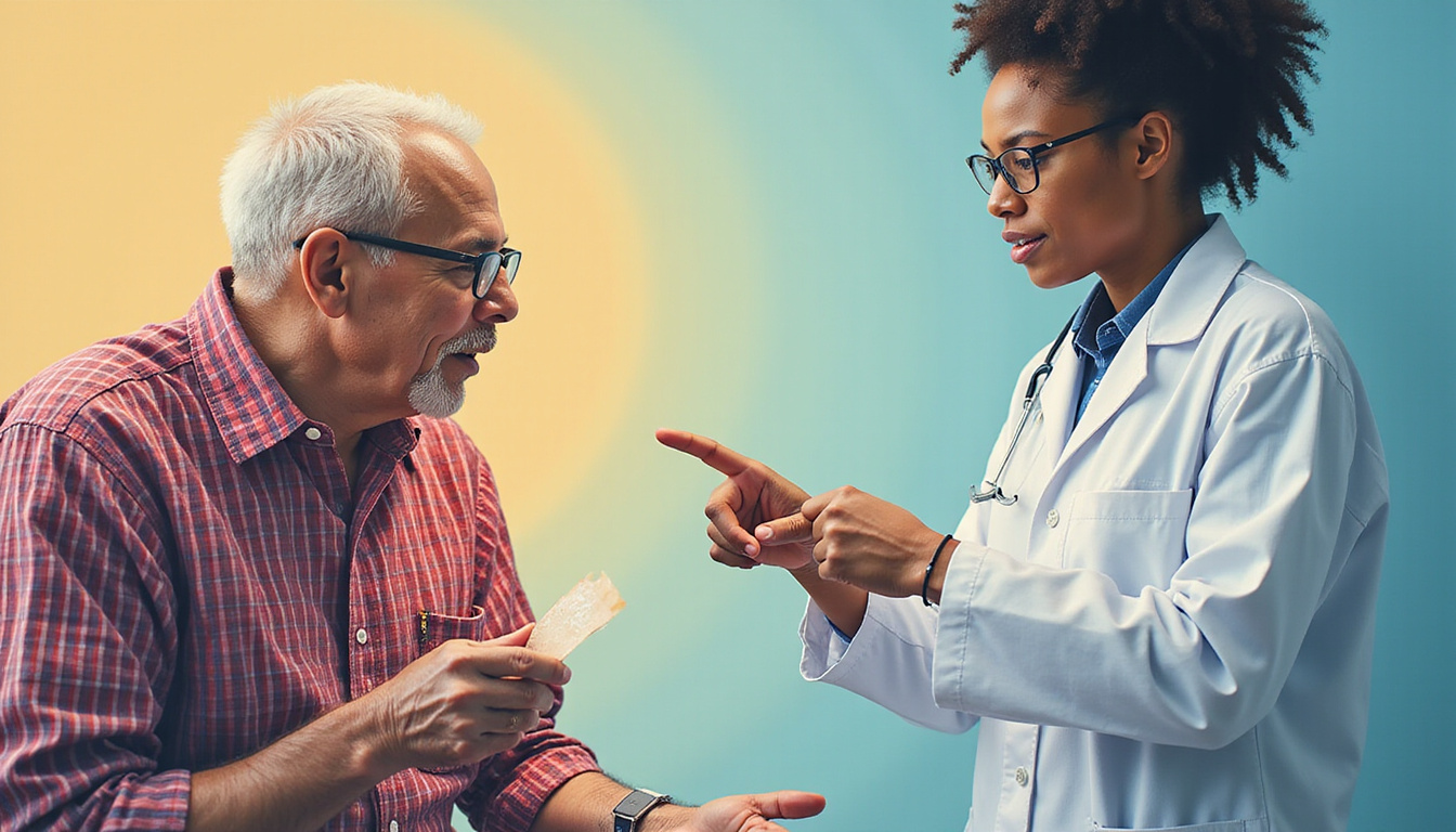  Dramatic poster-style scene: elderly patient with bandage bleeding, pharmacist pointing at medicine interactions