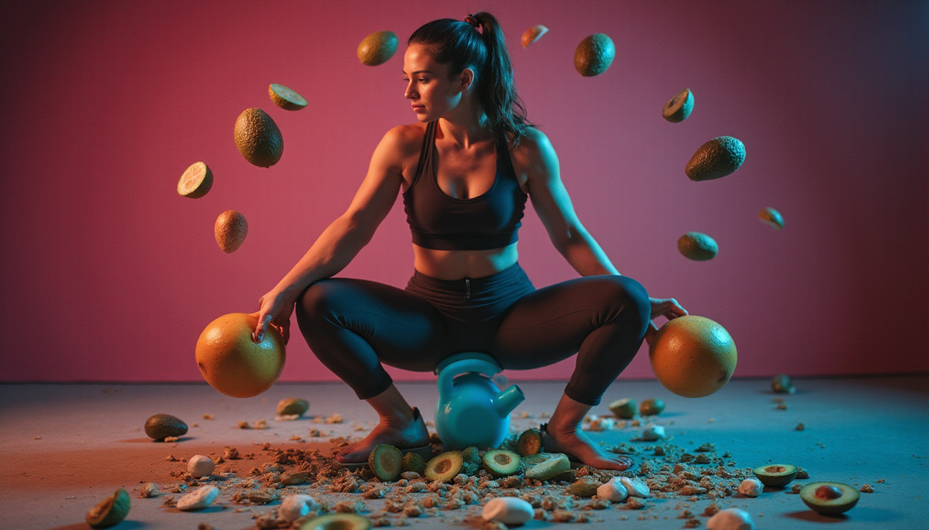 Woman powering kettlebell swings, neon energy aura, floating low-carb foods: avocado, eggs, nuts
