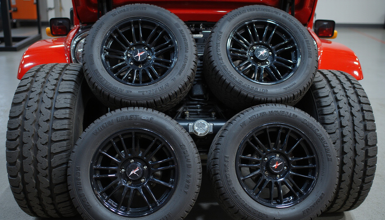 Top-down view of four tires swapped on lift, digital mileage gauge, safety checklist